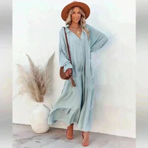 VICI Collection Bowdan Tiered Boho Maxi Dress - Soft Blue Size XS